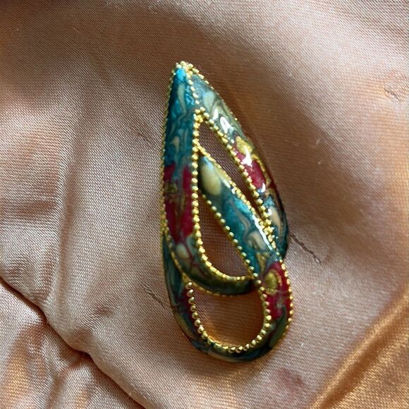 Vintage 80s double teardrop red, green & cream swirl paint gold post earrings - Picture 5 of 5